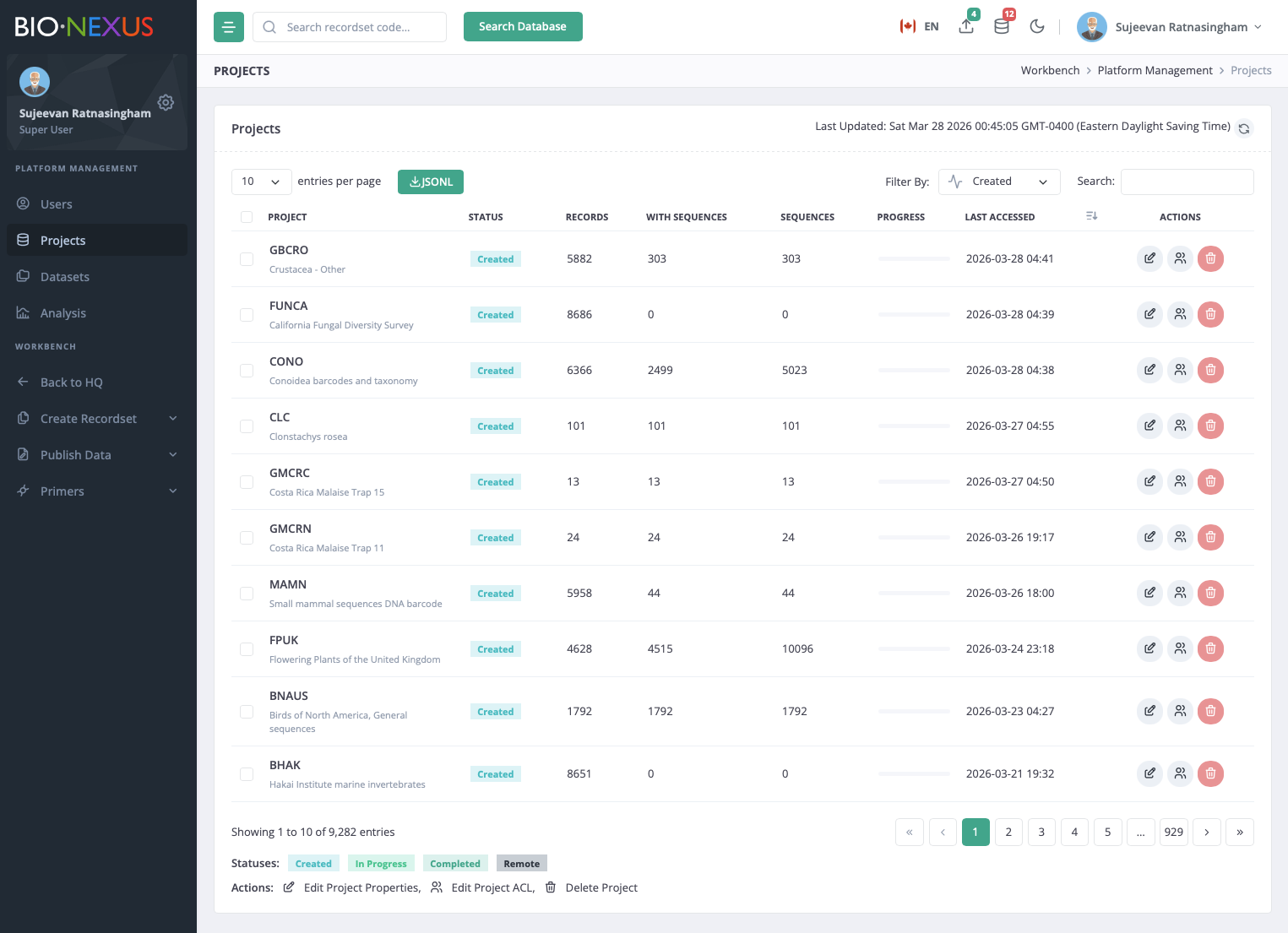 BIO&middot;NEXUS project management view showing project status, record volumes, sequencing progress, and actions